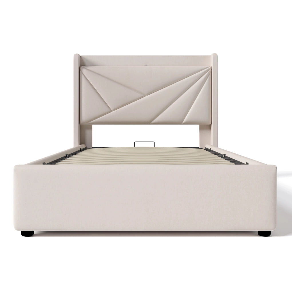 Letto singolo imbottito con contenitore 90x200 cm, struttura in lino con testiera USB Tipo C e rete a doghe