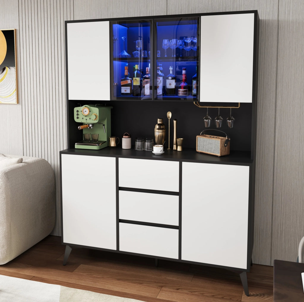 Credenza alta 120 cm con vetrina LED e portabicchieri