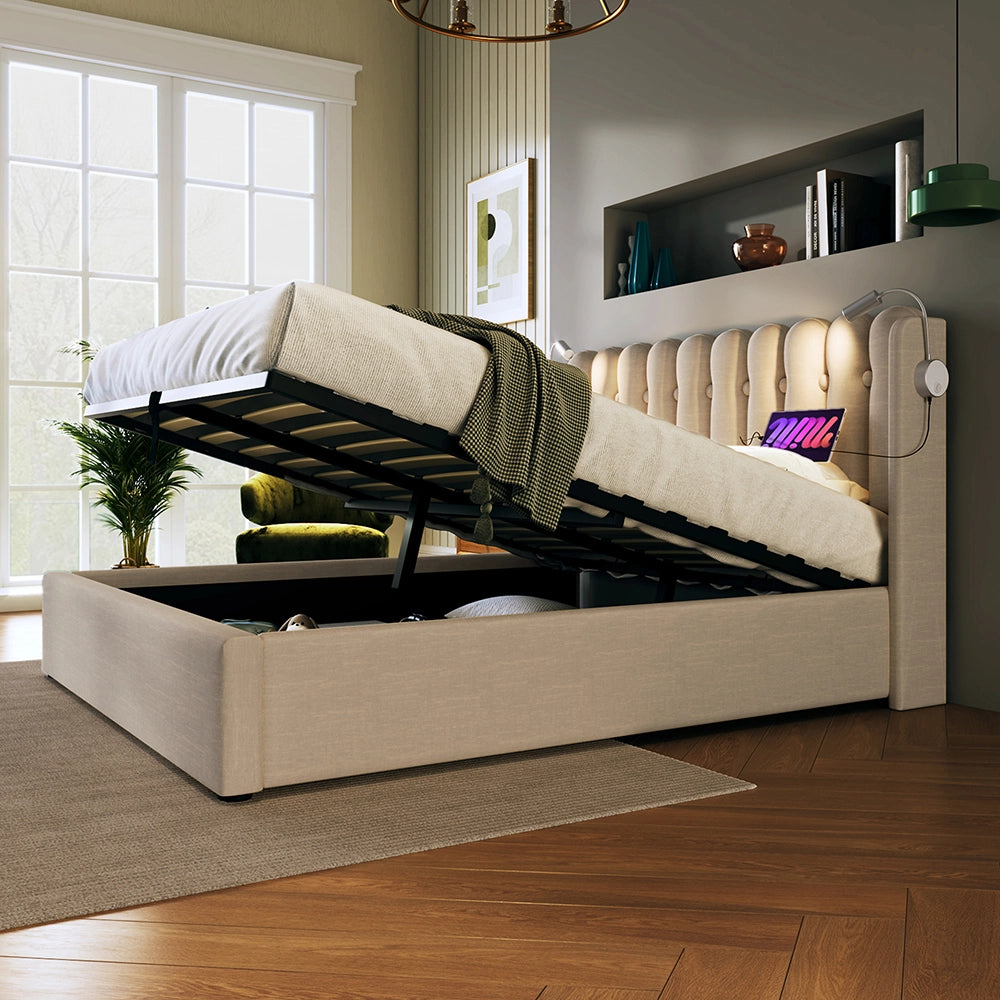 Lit coffre imbottito 140x200 cm - Xylo - Funzione di carico, due luci da lettura, beige