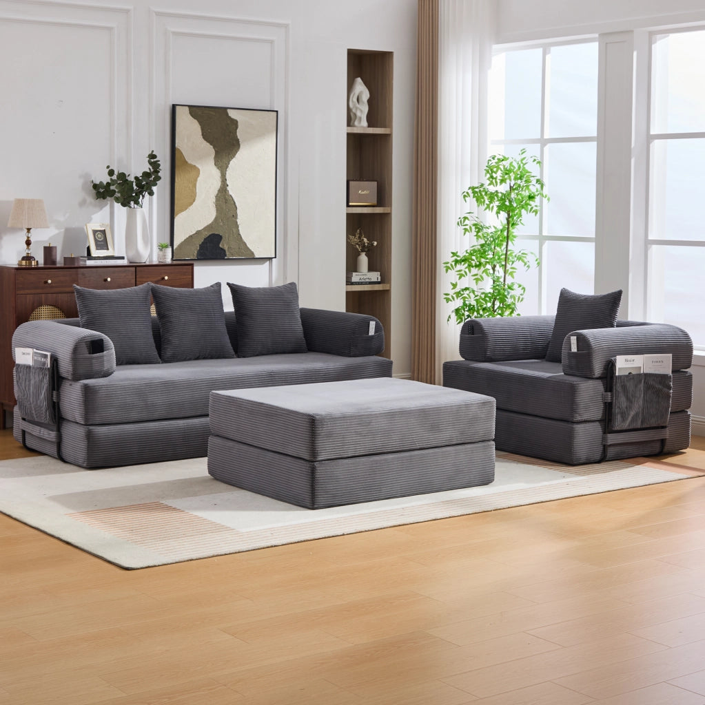 Divano modulare in velluto a coste con poltrona e pouf grigio scuro