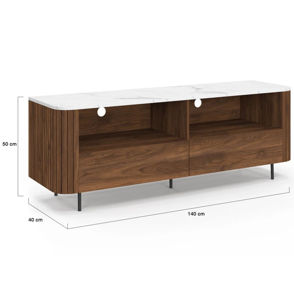 IDMarket - 140 cm MARLA mobile TV effetto doghe in noce con 2 cassetti e piano in marmo bianco ALASKA