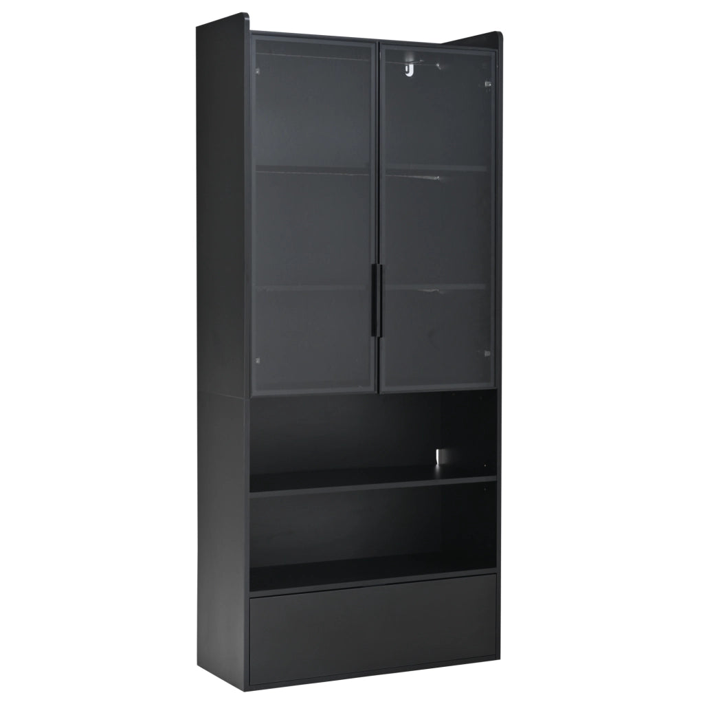 Vetrina Alta 80x34x180 cm con Vetro, 1 Cassetto e Illuminazione LED Controllabile via App, Nero
