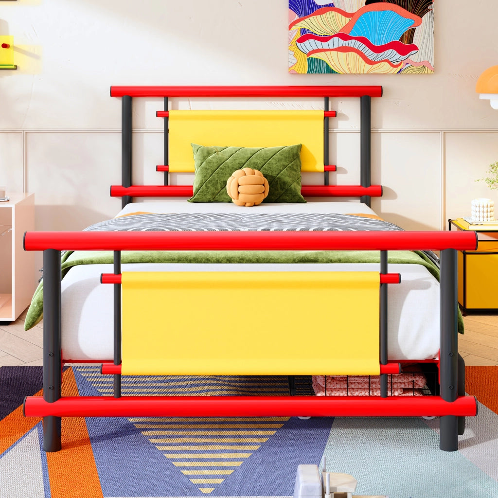 Letto con cassetti 90 × 200 cm con struttura in metallo rosso e rete a doghe a 11 lamelle per cameretta