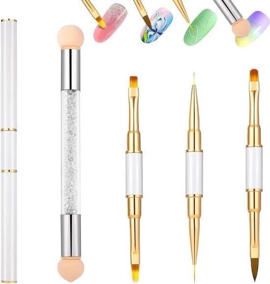 Set di 4 pennelli per unghie - punta a punta e pennello a spugna - pennello di alta qualità per decorazione unghie e nail art - per appuntamenti, feste e simili.
