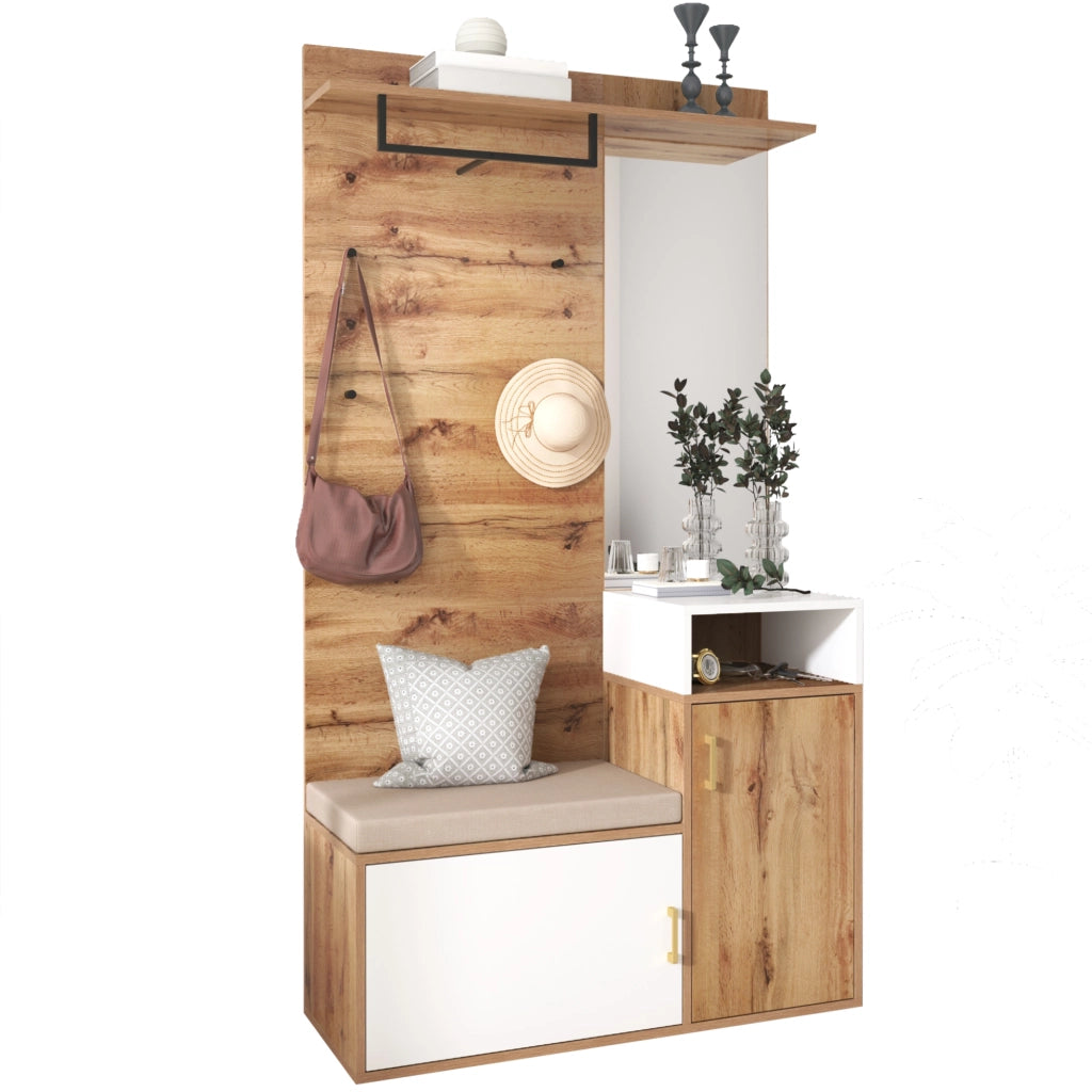 Mobile da ingresso con specchio, panca, 2 vani per scarpe, 4 ganci e barra, bianco e legno, 105 × 40 × 190,5 cm