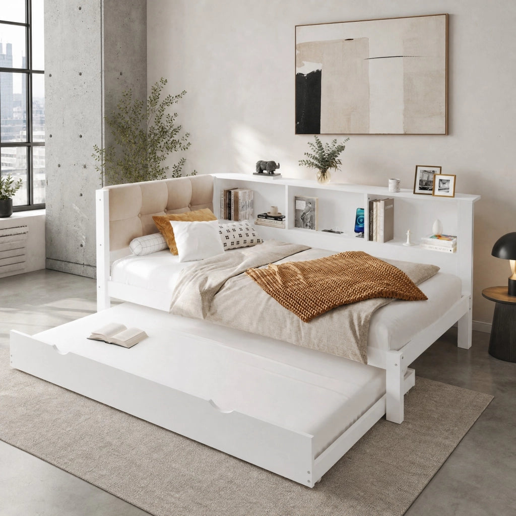 Letto singolo 90 × 200 cm con letto estraibile legno bianco ripiani laterali USB e luce LED dimmerabile