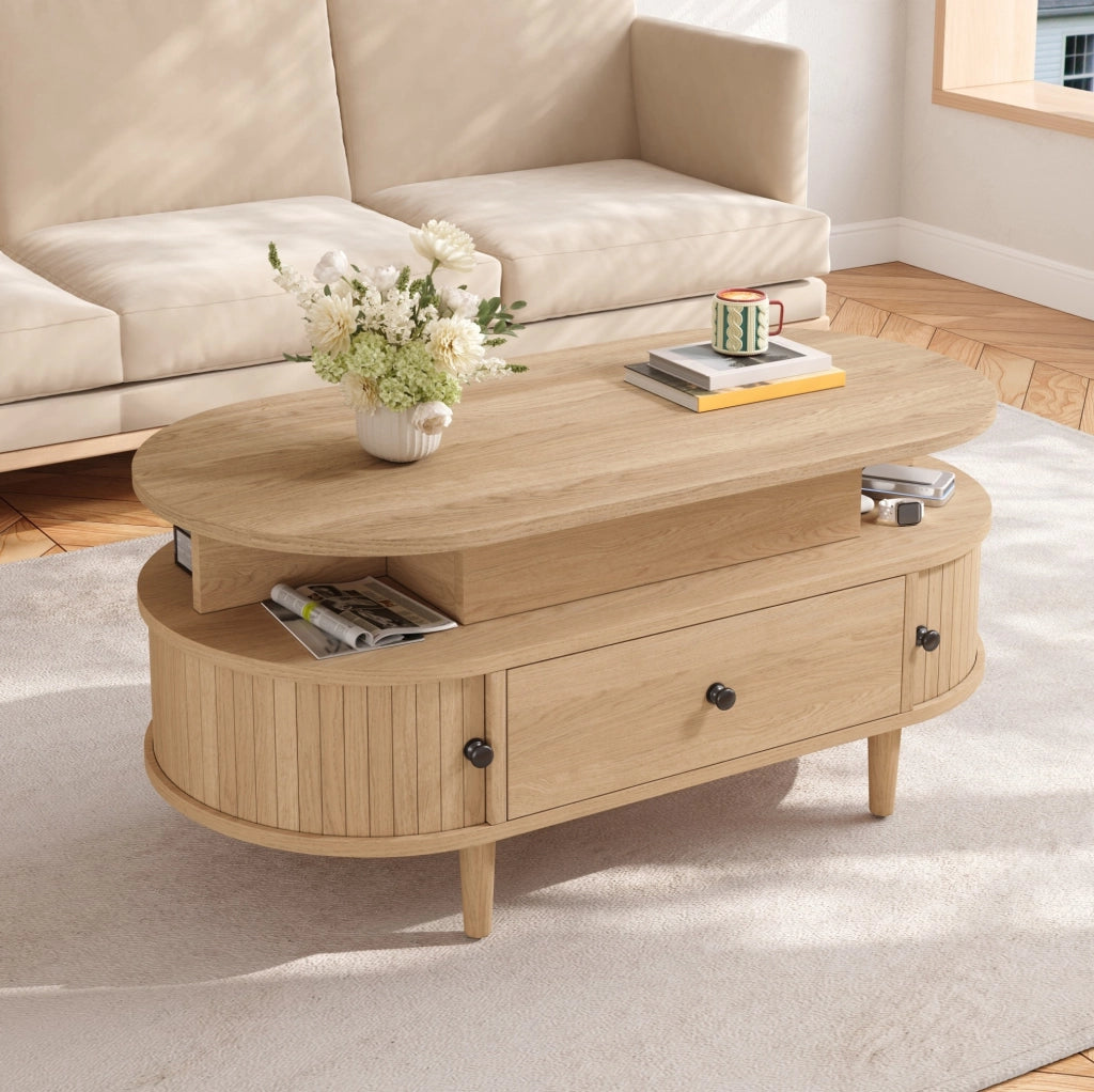 Tavolino da salotto ovale con piano sollevabile 105x50 cm; cassetto e ante scorrevoli naturale HOMVRA