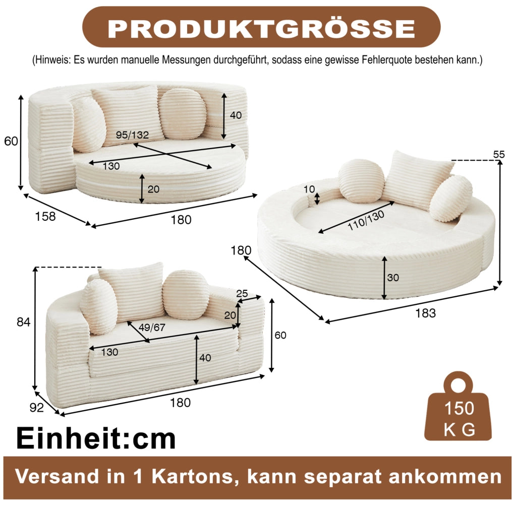 Divano Letto 4 in 1 in Velluto a Coste; Trasformabile; Beige; per Soggiorno e Spazi Compatti