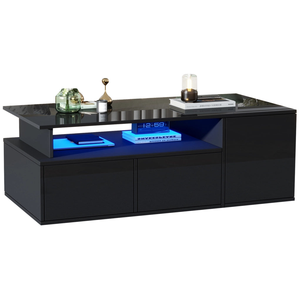 Tavolino da soggiorno 100 x 50 x 35 cm nero con LED; 2 cassetti e vani laterali