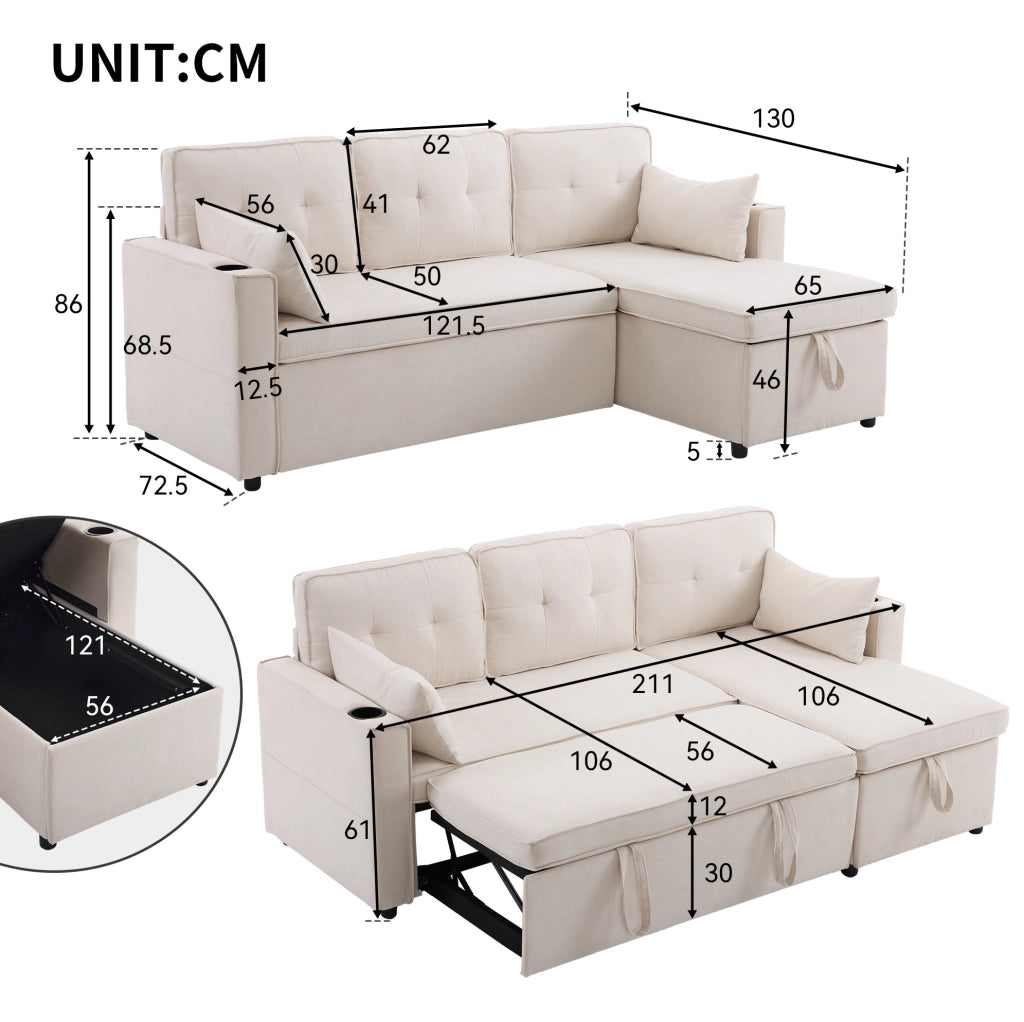 Divano letto 3 posti 211x130x86 cm con chaise longue reversibile e contenitore beige HOMVRA