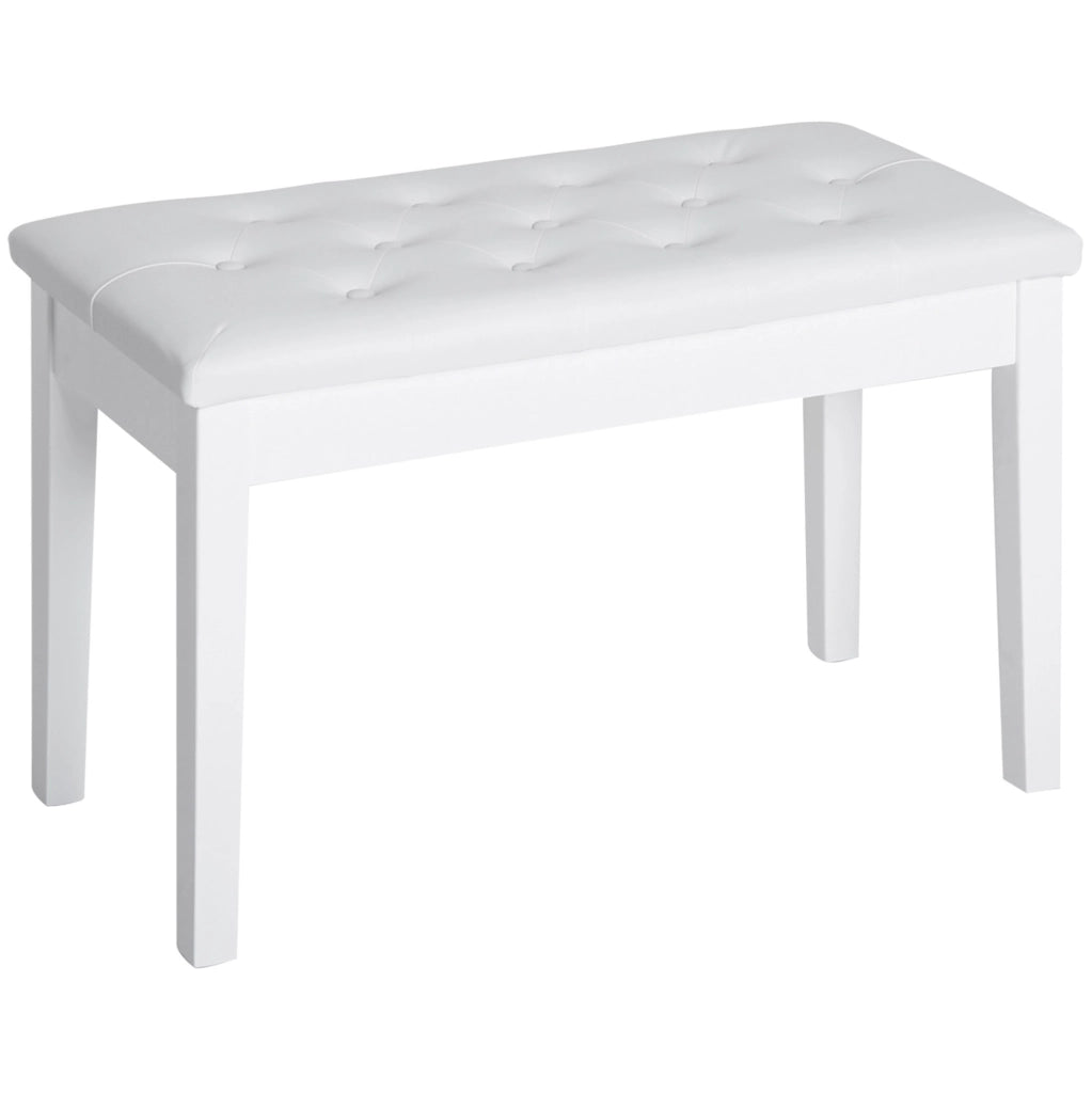Panca per pianoforte in stile country con vano contenitore, legno di gomma e ecopelle bianca, 76 x 36 x 50 cm