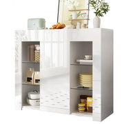 Buffet moderno bianco con ante lucide, ripiani in vetro e anta, 95x35x83 cm, per soggiorno, sala da pranzo o cucina