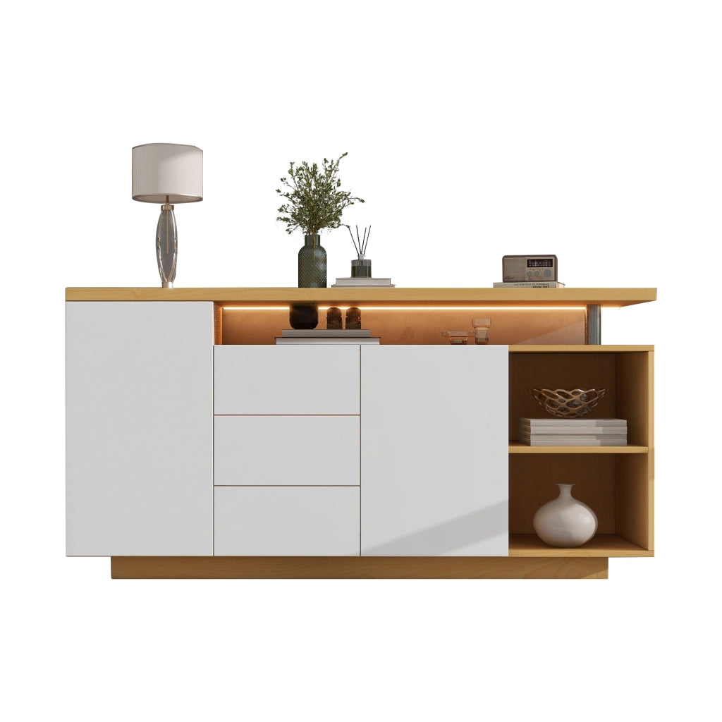 Credenza con 2 ante 3 cassetti vani aperti e LED in truciolare bianco e rovere chiaro 140 × 40 × 70 cm