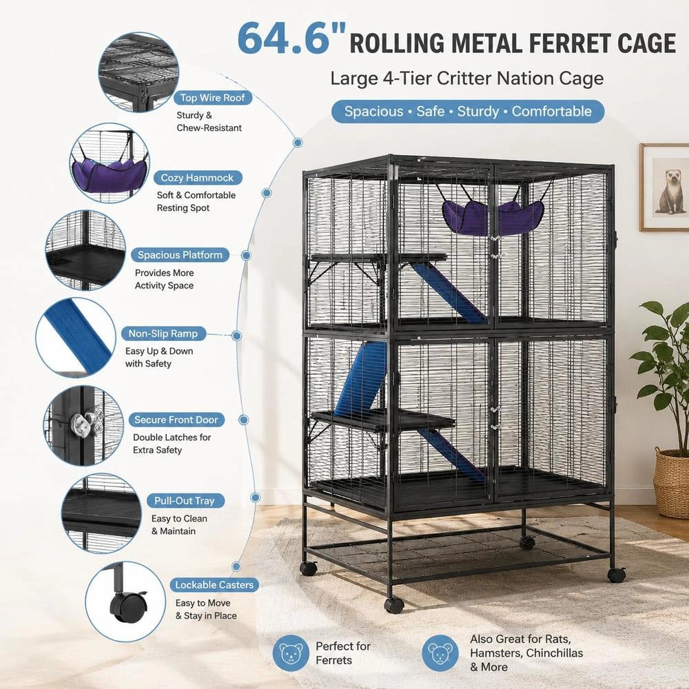 64.6" Rolling Metal Ferret Cage, Large 4-story Critter Nation Cage, Small Animal Cage With Ramps And Tray, Easy To Assemble For Pet Rats, Hamsters, Guinea Pigs, Chinchillas, Squirrels, Hedgehogs, Rabbits