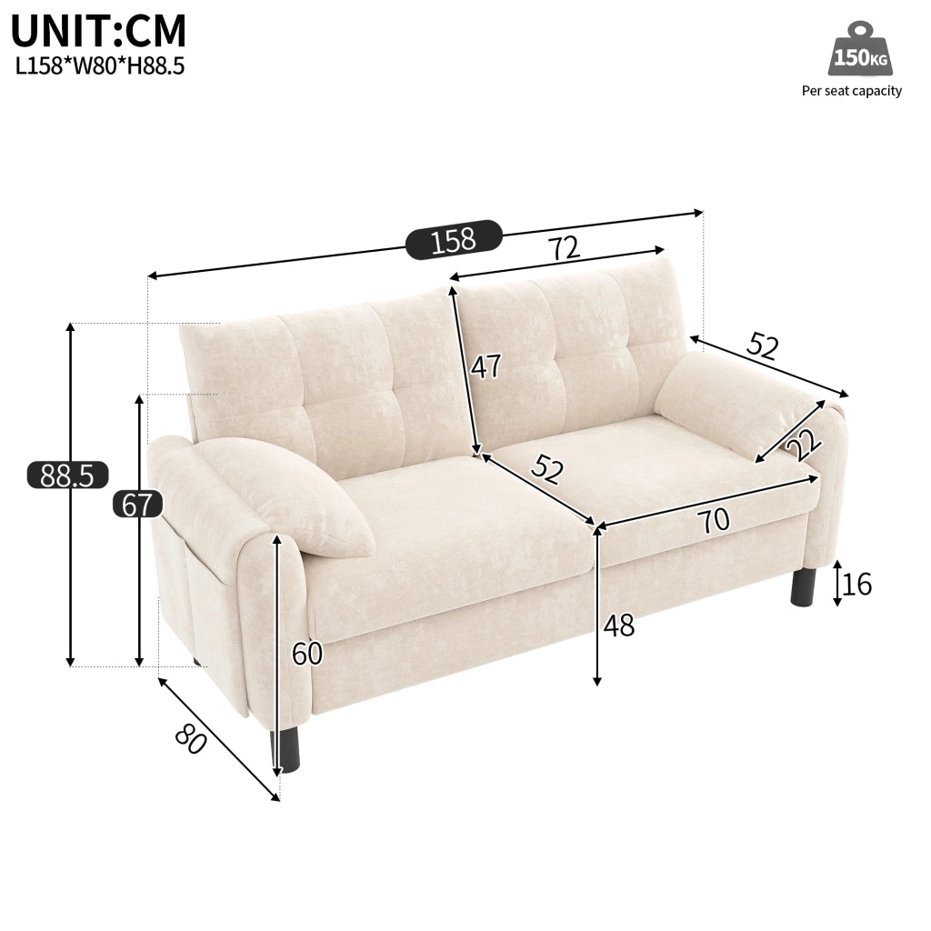 Divano dritto 2 posti con cuscini spessi, tasche laterali e braccioli imbottiti in ciniglia beige