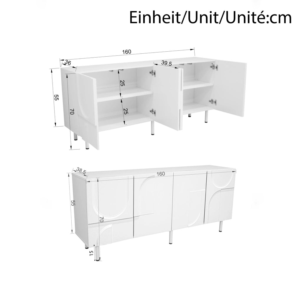 Credenza da sala da pranzo 160x38,5x70 cm in MDF e truciolare bianca