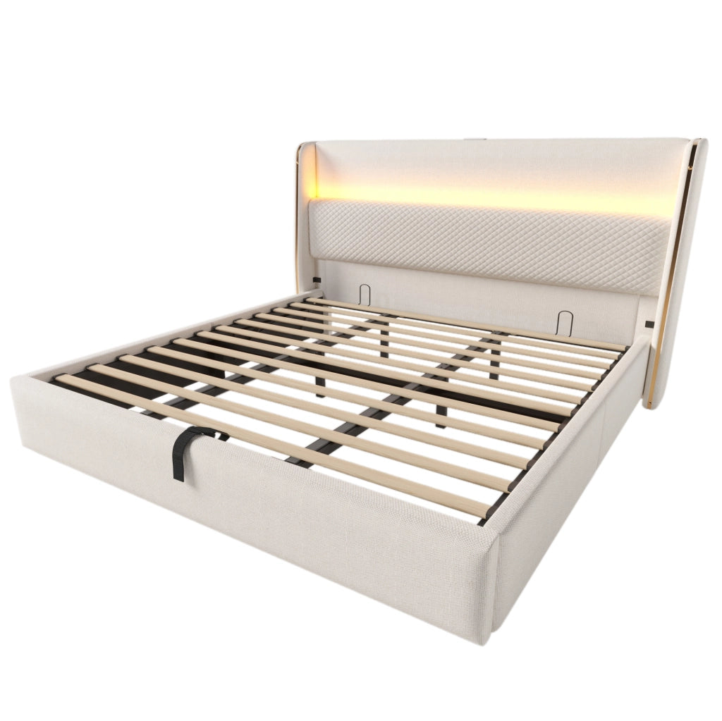 Letto contenitore idraulico 180x200 cm con testiera alta; LED; USB/Type-C; materasso; beige