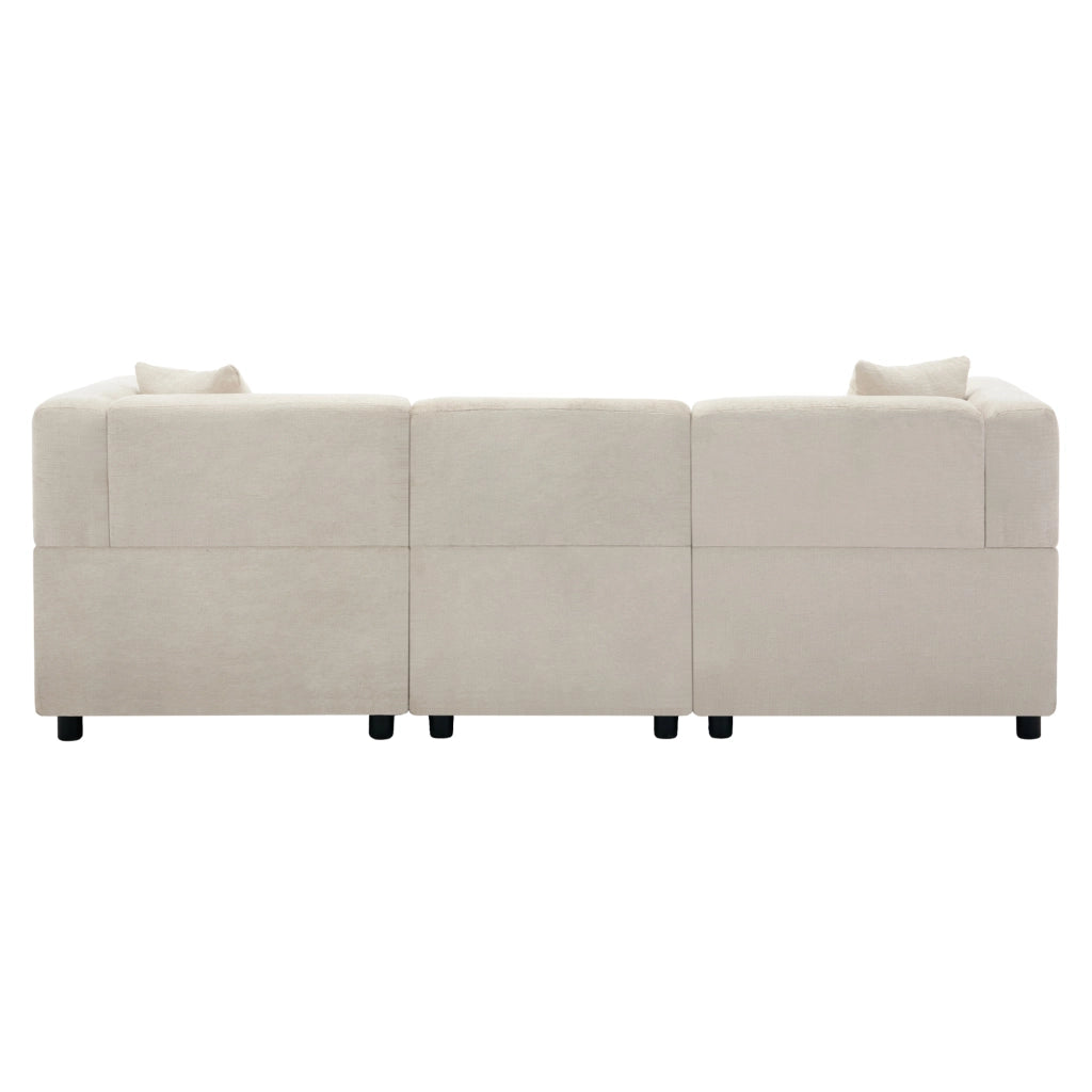 Divano angolare 3 posti 204x126 cm con pouf contenitore in ciniglia beige
