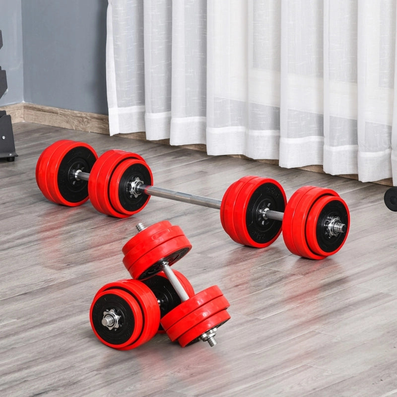 Set Manubri Regolabili 20/30 kg, 2-in-1 Manubri e Bilanciere, Acciaio/PP/Sabbia, Rosso/Nero, 21,5x21,5x3,8 cm, Fitness Casa