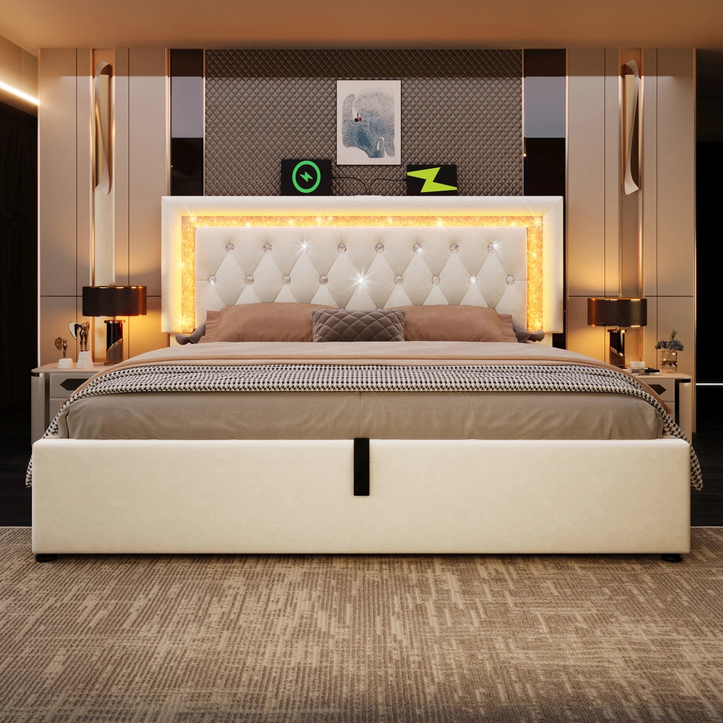 Letto matrimoniale 180×200 cm 2 posti con contenitore idraulico; LED regolabile; USB e USB-C; senza materasso; beige