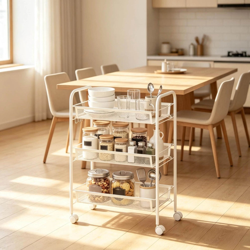 Carrello portavivande ULEVR a 3 livelli con cestelli, 4 ruote bloccabili e ganci, acciaio bianco 45x26,5x63 cm