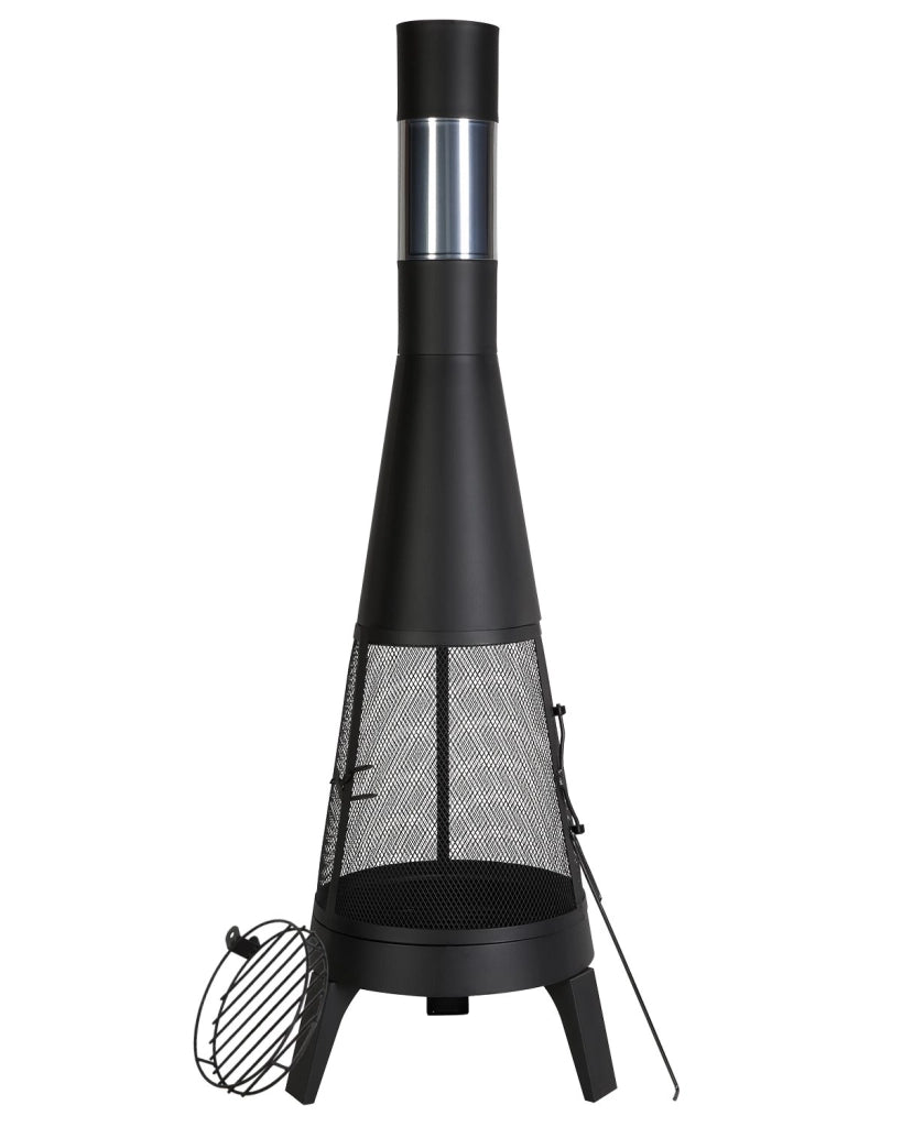 Braciere da Esterno a Legna 81203L, Chiminea Conica in Acciaio Nero φ508x1495 mm con Griglia Barbecue per Giardino e Patio