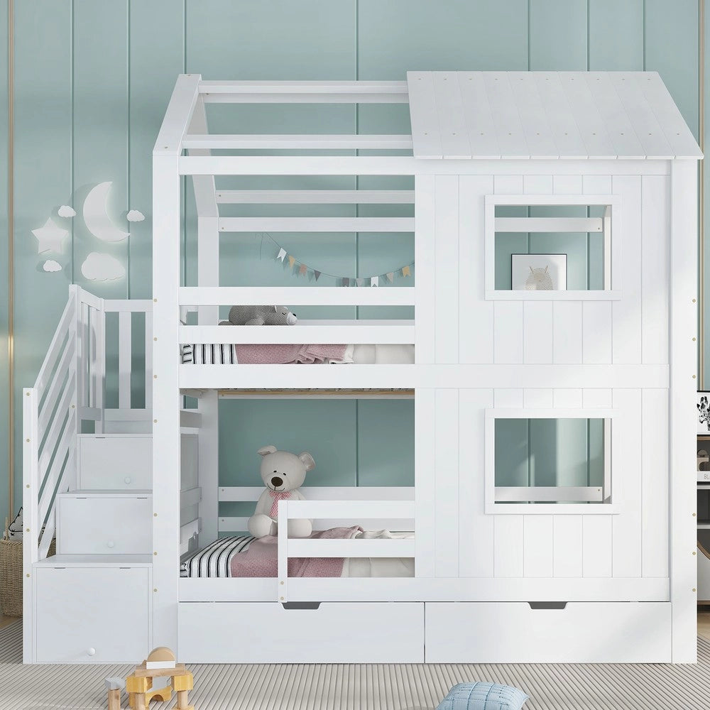 Letto a Castello per Bambini con Cassetti e Doghe ¨C MINIMAL ¨C Pino/MDF, Bianco, 90x200cm
