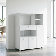 Cassone da cucina con vano per microonde; 3 ante; cassetto e 4 nicchie in truciolare bianco 90 × 40 × 120 cm