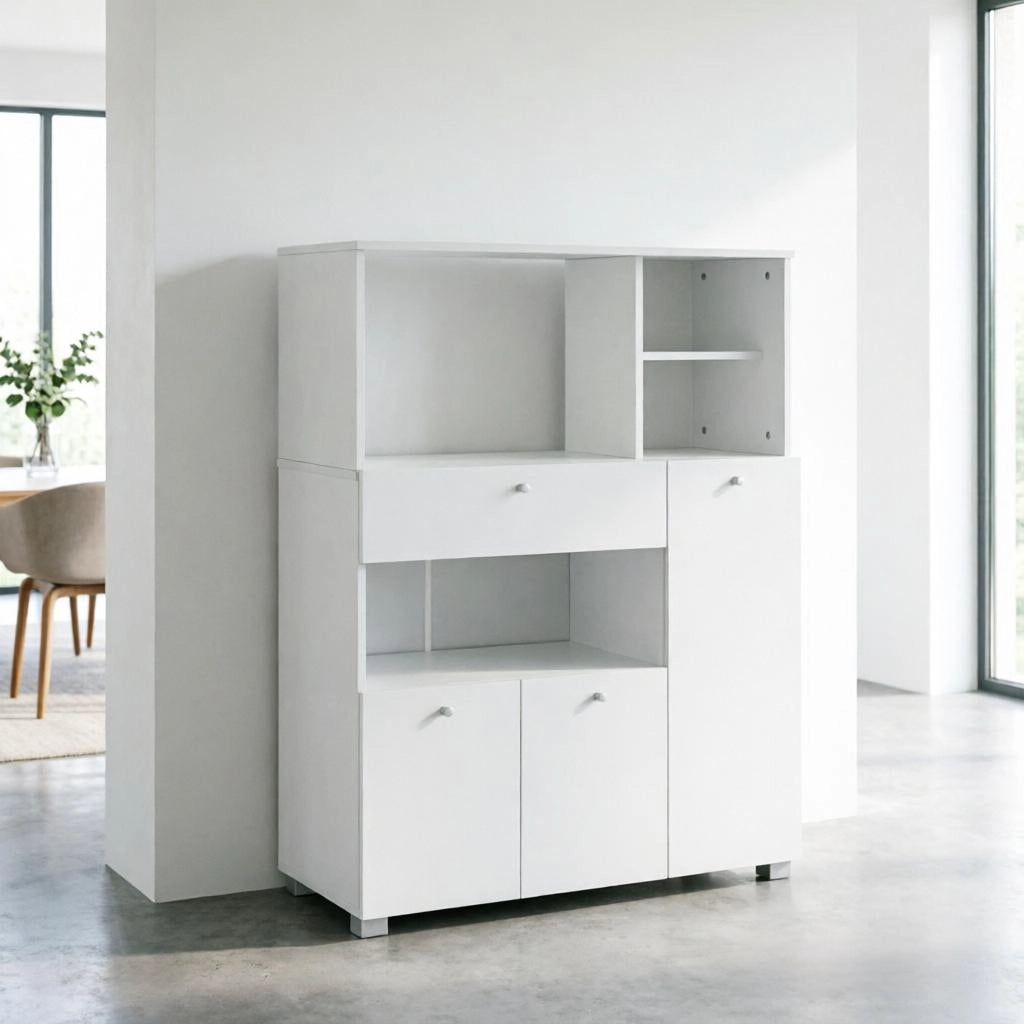Cassone da cucina con vano per microonde; 3 ante; cassetto e 4 nicchie in truciolare bianco 90 × 40 × 120 cm
