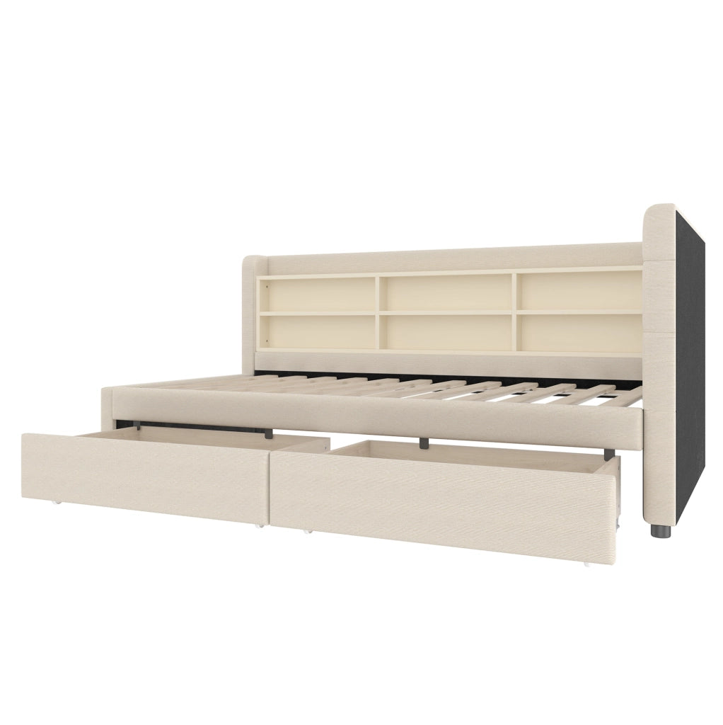 Letto 90x200 cm con 2 cassetti; USB e Tipo C in lino e MDF beige