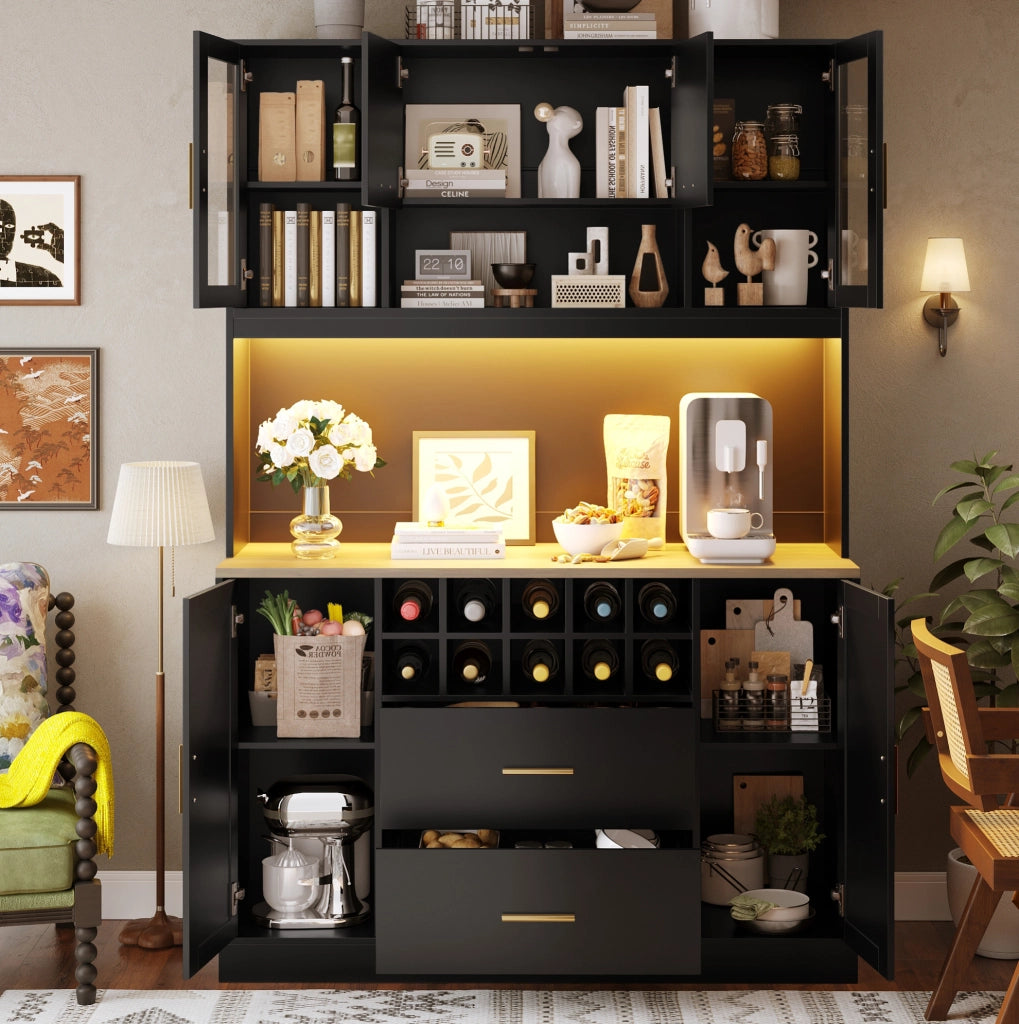 Credenza nera 120x36,3x180 cm con LED, prese USB e sei ante