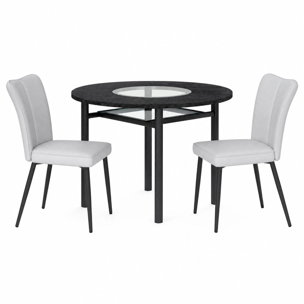 Set tavolo rotondo 100 cm nero MDF e vetro; 2 sedie grigio chiaro