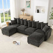 Divano angolare modulare 6 posti a U/L in chenille grigio con 2 pouf e ricarica USB/Type-C HOMVRA