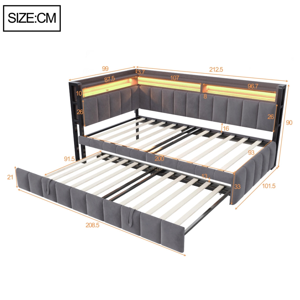 Divano letto estraibile 90x200 cm con LED, USB e USB-C in velluto grigio scuro