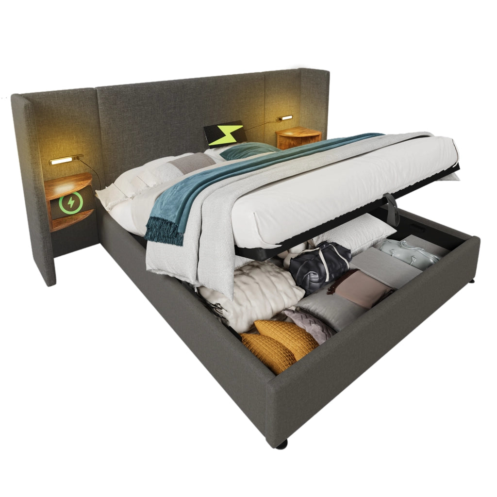 Letto matrimoniale 160x200 grigio con contenitore e comodino