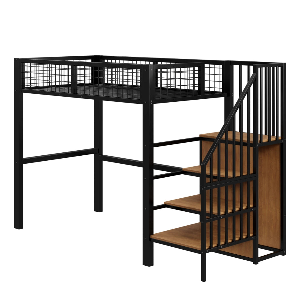 Letto alto per bambini 90 x 200 cm in metallo nero con scala; armadio e sponde a rete