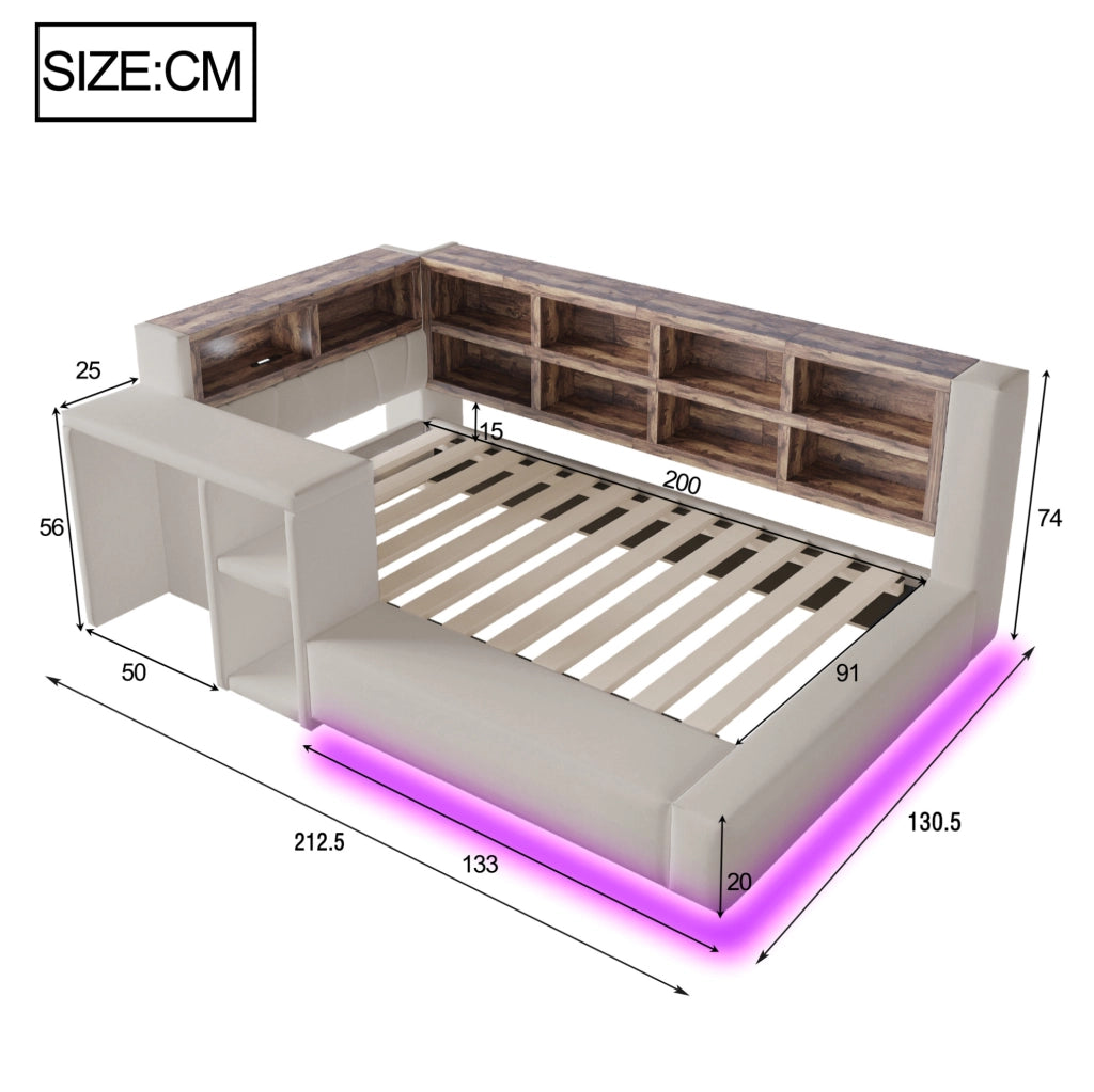 Letto imbottito 90x200 cm con contenitore; LED; prese integrate e comodino; grigio chiaro