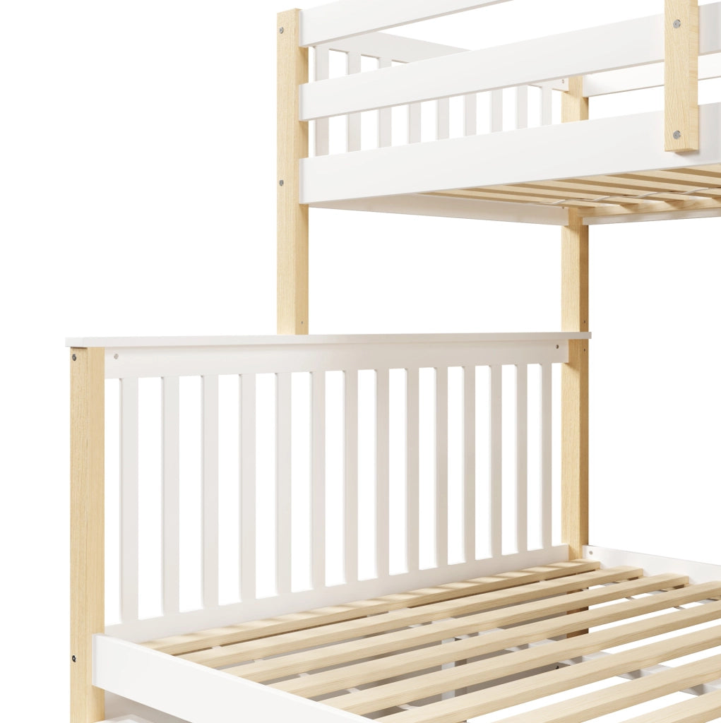 Letto a castello in pino massello 90x200/140x200 con cassetti e spazio salvaspazio, bianco e naturale, senza materasso