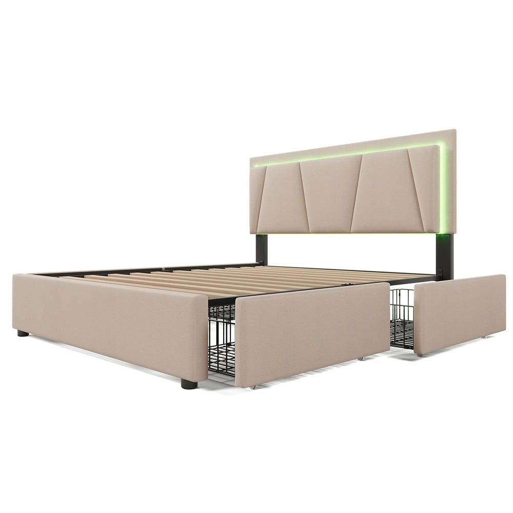 Letto singolo imbottito con LED e 2 cassetti - Xylo - 140x200cm - Beige