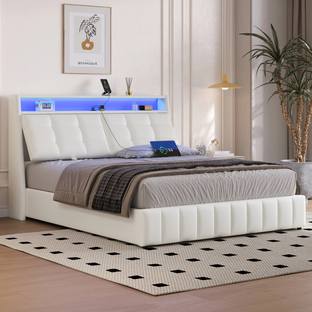 Letto contenitore 160 × 200 cm con LED a 7 colori USB testiera regolabile imbottita in PU MDF e compensato bianco