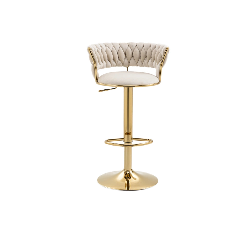 Set di 2 sgabelli da bar con rivestimento in velluto, altezza regolabile, base in ferro dorato, 54x46x78,5-97 cm