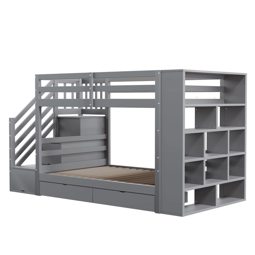 Letto a castello 90 x 200 cm in pino; grigio; con scala contenitore e cassetti