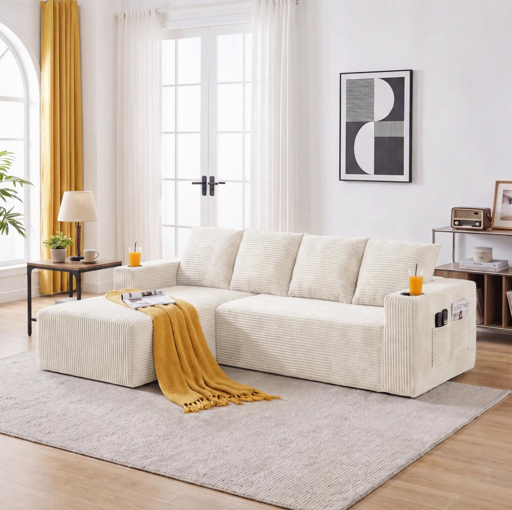 Divano modulare a L con chaise longue reversibile e portabicchieri in velluto a coste beige