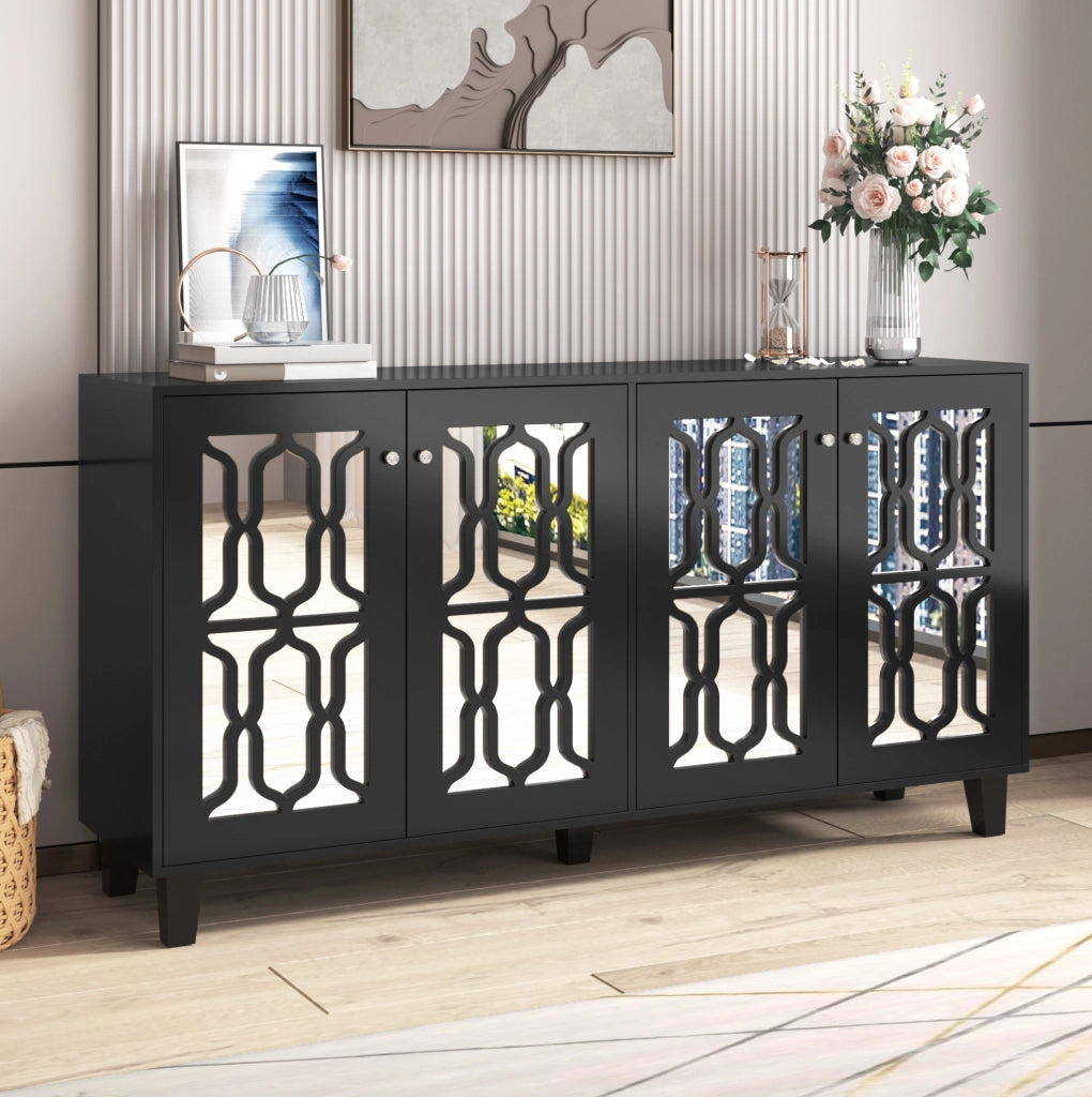 Madia nera effetto specchio con 4 ante; 2 ripiani regolabili; 160 x 40 x 84 cm