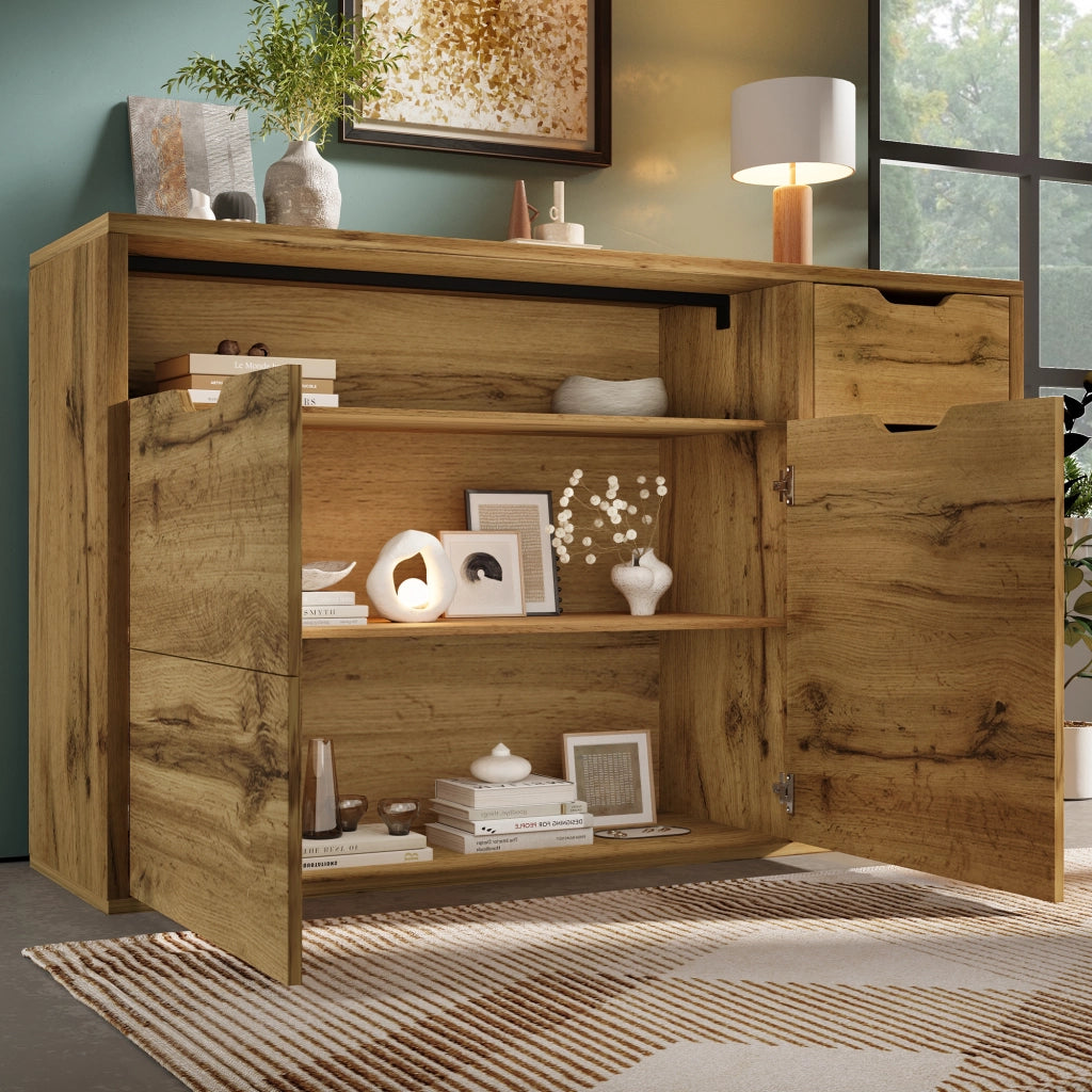 Credenza 150x40x90 cm con 2 ante; 4 cassetti e vano aperto; ripiani regolabili; MDF effetto rovere e metallo