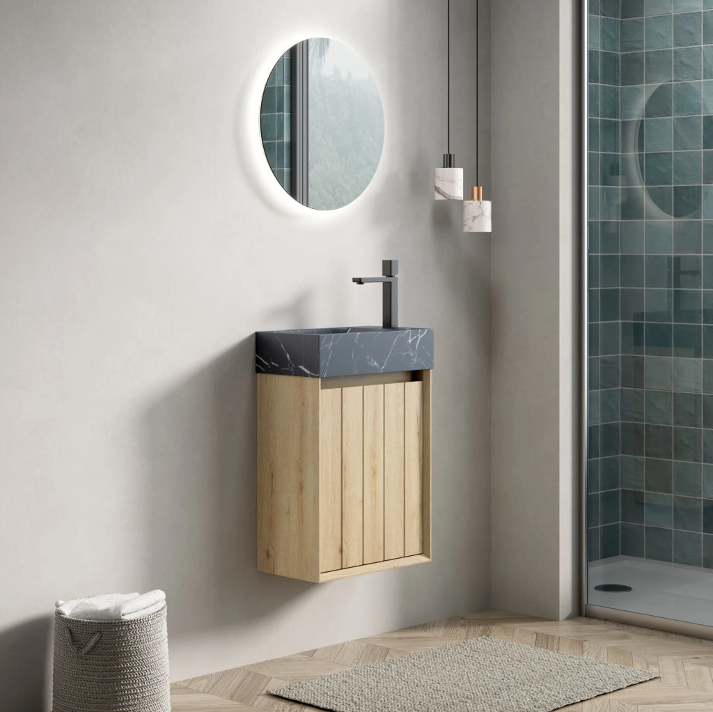Mobile bagno 40 cm con lavabo integrato in marmo nero e struttura in compensato effetto quercia bianca
