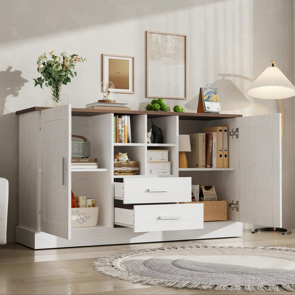 Credenza 140 x 40 x 79,5 cm, 2 ante + 2 cassetti + 4 nicchie, legno marrone e bianco, mobile cucina