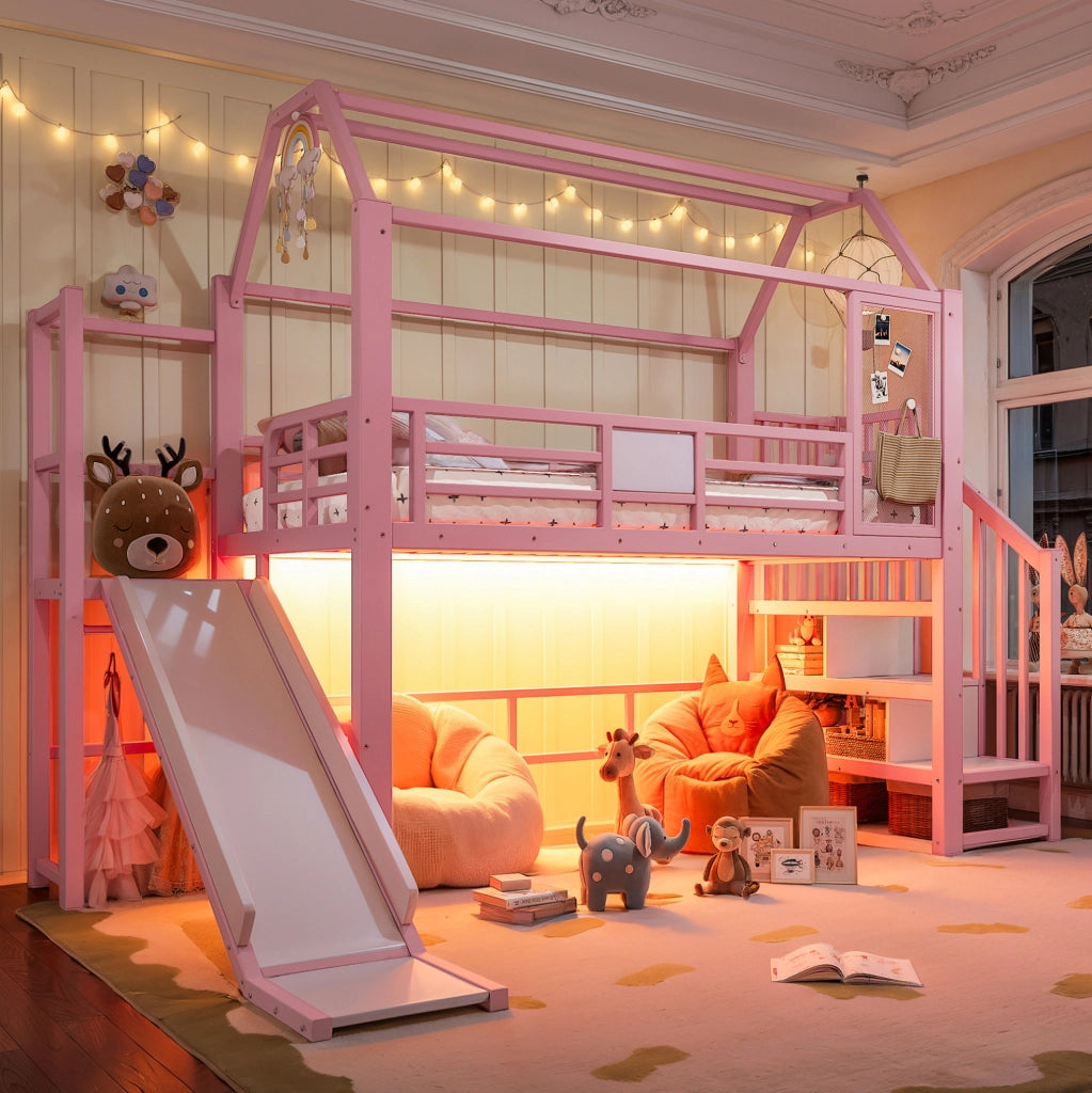 Letto a soppalco per bambini 90x200 cm a casetta con scivolo; scala contenitore e LED Bluetooth rosa HOMVRA