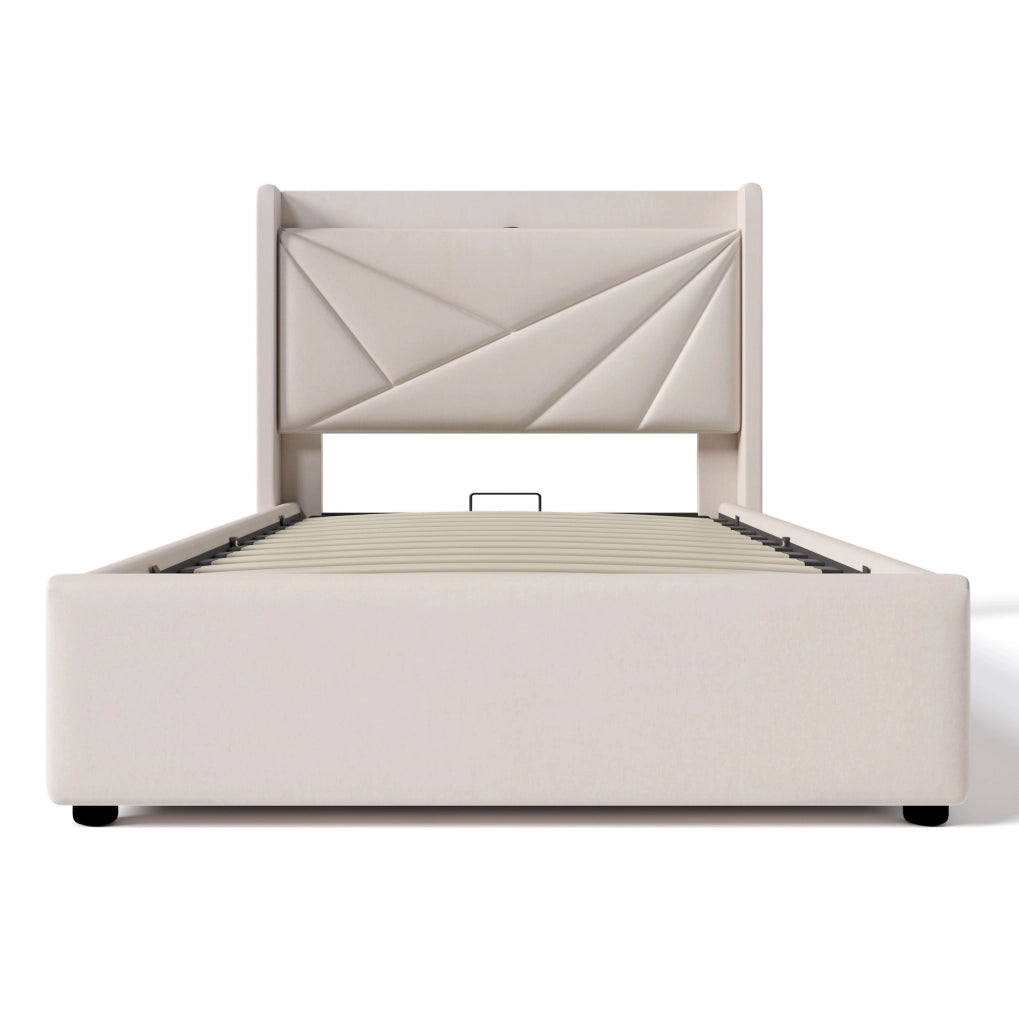 Letto singolo con contenitore 90x200 cm; testiera con USB e Type-C; beige