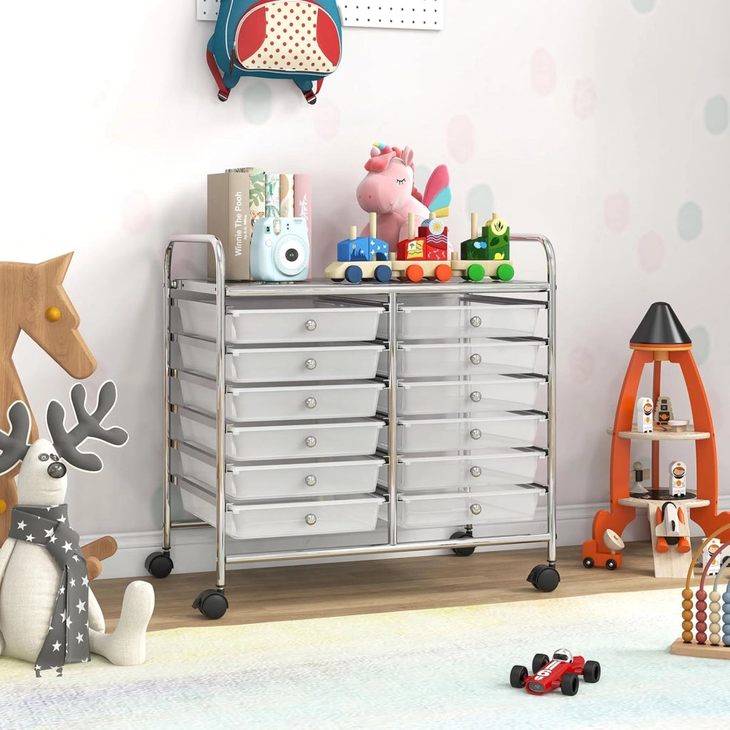 Carrello di Stoccaggio con 20 Cassetti, Carrello portaoggetti con 4 Ruote, Carrello Multiuso per Scuola Ufficio Cucina, 64 x 39 x 88 cm (12 cassetti Trasparente)